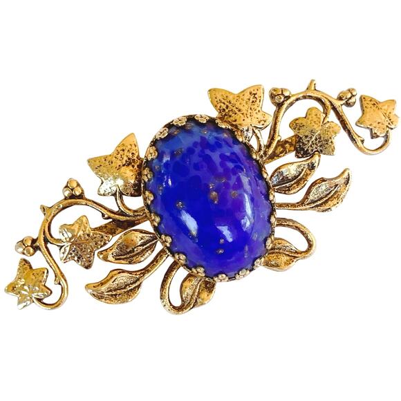 VTG 60s Gold Tone Ivy Leaf Brooch Blue Art Glass Cabochon Victorian Revival Pin - Picture 1 of 11